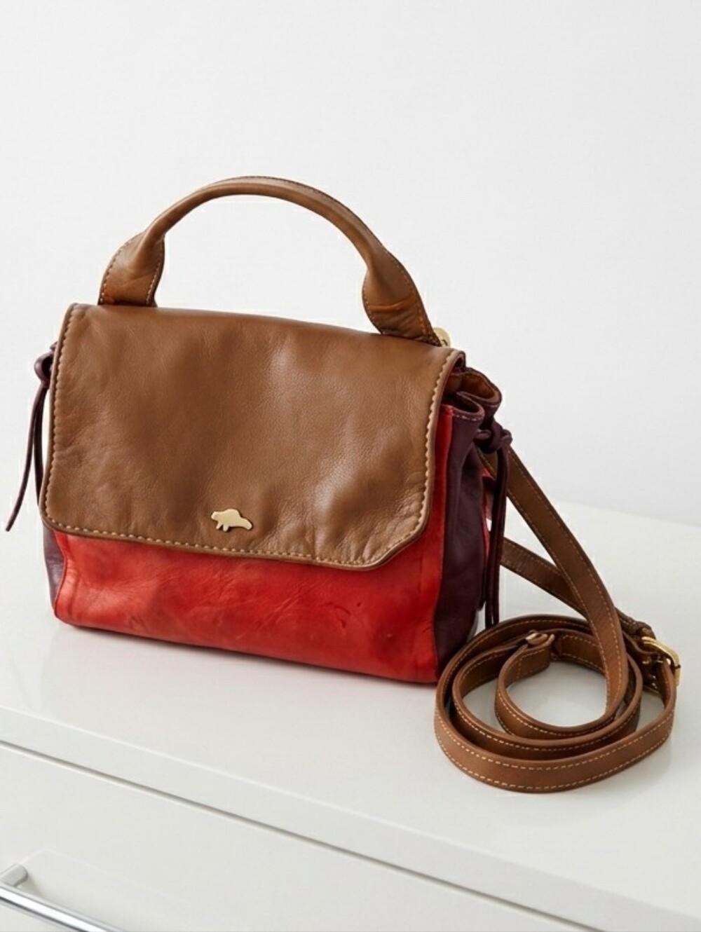 Roots Leather Crossbody Satchel Bag Colourblock